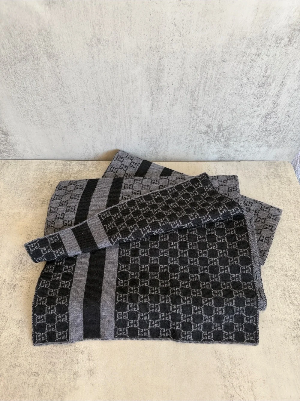 Gucci GG Monogram Wool Silk Scarf Gray Black Reversible